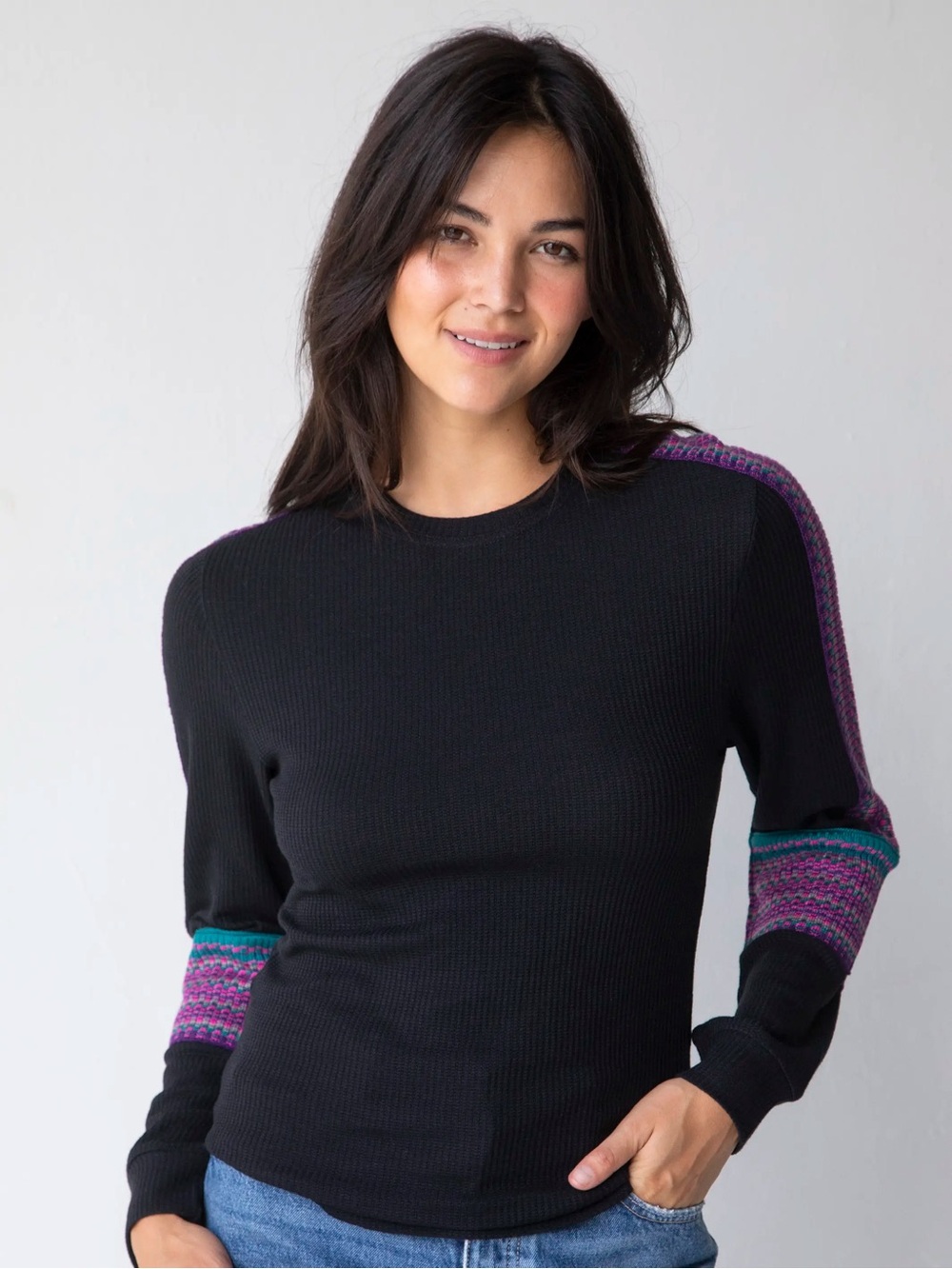 Natural Life London Trim Thermal Long Sleeve Top Black Purple Large NEW NWT
